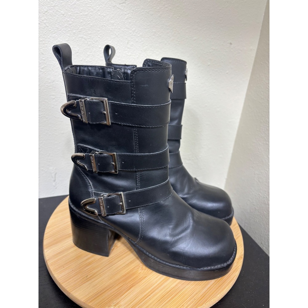 Harley Davidson Boots W 9 Black Leather Triple Buckle Chunky Platform Moto